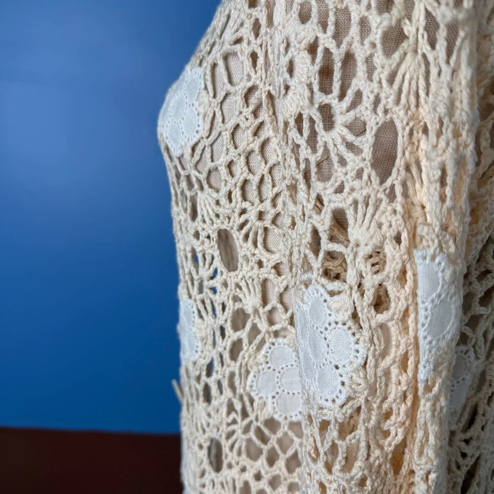 Vintage Cream Crochet Cardigan with White Flower Accents Open Knit Boho Festival